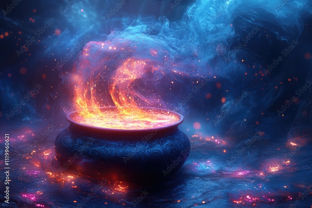 Glowing cauldron with mystical flames and ethereal smoke in a dark enchanted setting Glowing cauldron with mystical flames and ethereal smoke in a dark enchanted setting