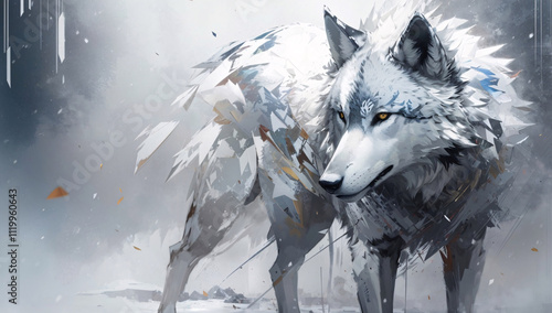 Stunning White Wolf Abstract Art with Colorful Splash of Paint and Dramatic Brushstrokes in a Bold Modern Artistic Style