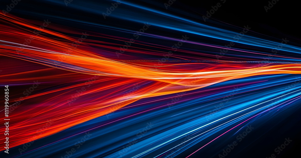 Speed of Light: Abstract streaks of vibrant red, orange, and blue light trails blur across a dark highway, symbolizing rapid movement, velocity, and technological advancement. Speed of Light: Abstract streaks of vibrant red, orange, and blue light trails blur across a dark highway, symbolizing rapid movement, velocity, and technological advancement.