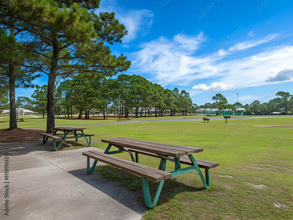A serene park scene featuring picnic tables under trees and a clear blue sky. A serene park scene featuring picnic tables under trees and a clear blue sky.