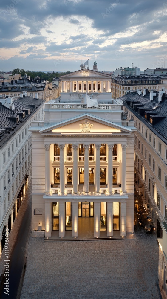 Fototapeta premium Architectural features are enhanced by the evening sky and soft lighting on a cloudy day