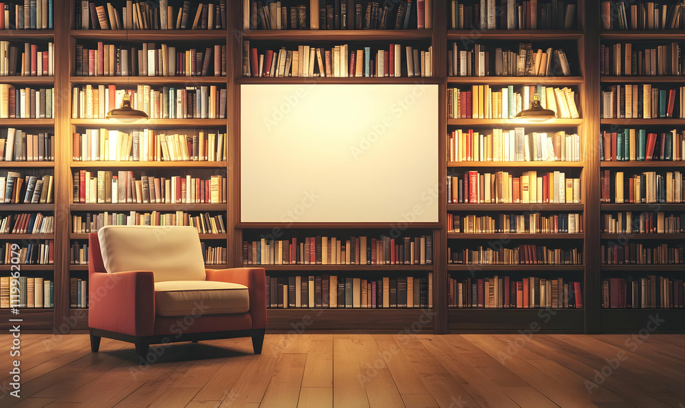 A cozy library setting with bookshelves, an empty screen, and an inviting armchair. A cozy library setting with bookshelves, an empty screen, and an inviting armchair.