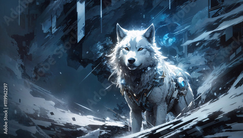 White Wolf Abstract Painting with Colorful Splash of Paint and Expressive Brushstrokes in Dynamic Artistic Composition
