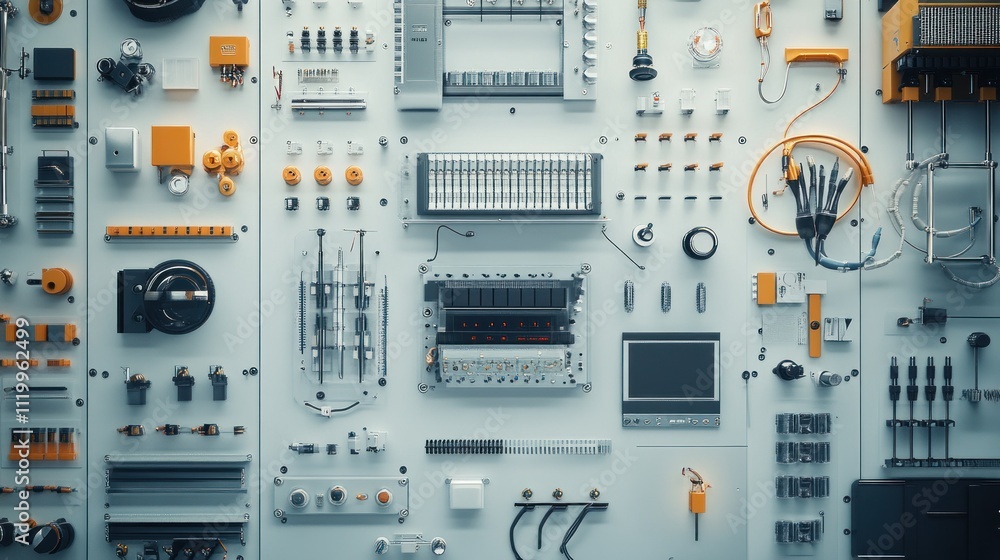 Complex Industrial Control Panel With Various Instruments and Cables Complex Industrial Control Panel With Various Instruments and Cables