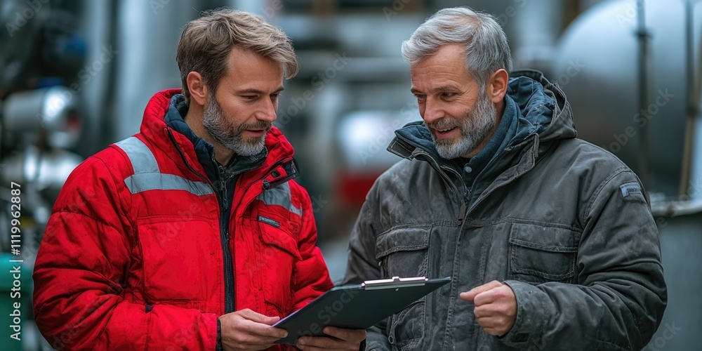 Fototapeta premium Caucasian male adults discuss project in industrial setting