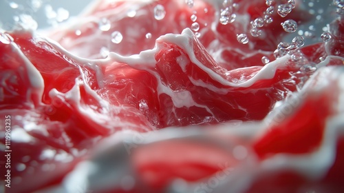 A vivid close-up image of raw beef being splashed with water, showcasing the texture and freshness of the meat, right before preparation in a culinary setting. photo