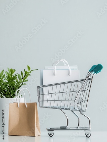 Minimalist Shopping Cart with Paper Bags and Plant Decor on Pastel Background Highlighting Eco-Friendly Retail Style photo