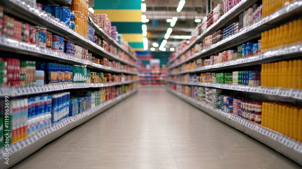 Supermarket aisle featuring organized shelves filled with various products and groceries Supermarket aisle featuring organized shelves filled with various products and groceries