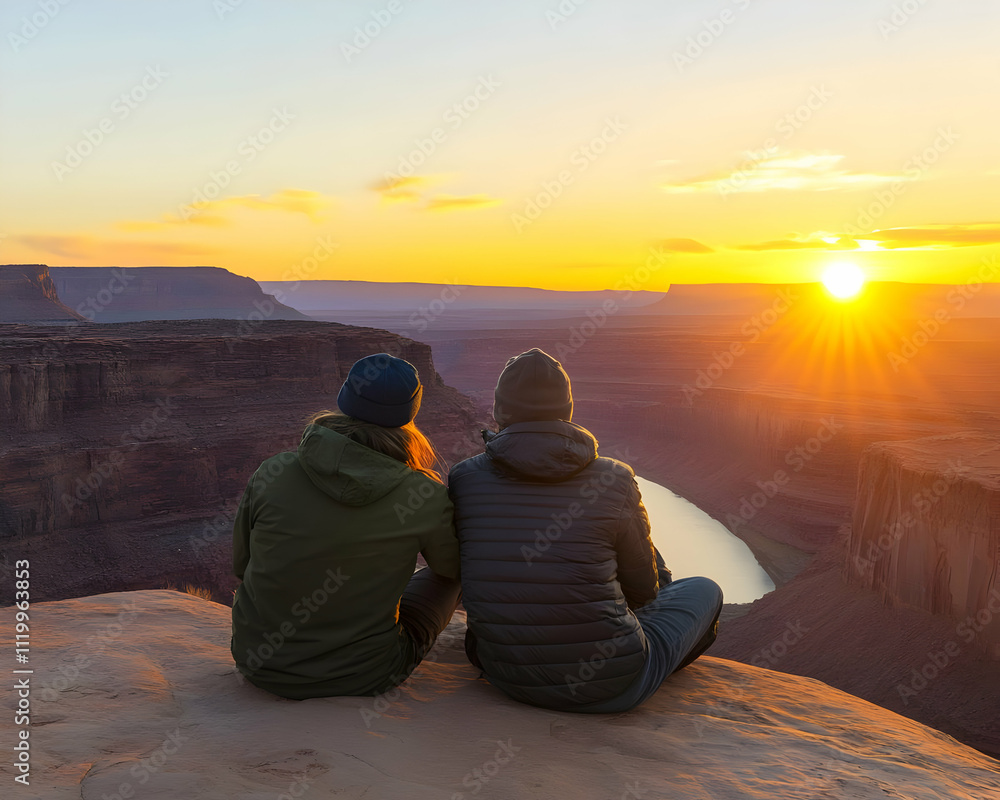 A couple enjoys a sunset view over a canyon, creating a serene and romantic atmosphere. A couple enjoys a sunset view over a canyon, creating a serene and romantic atmosphere.