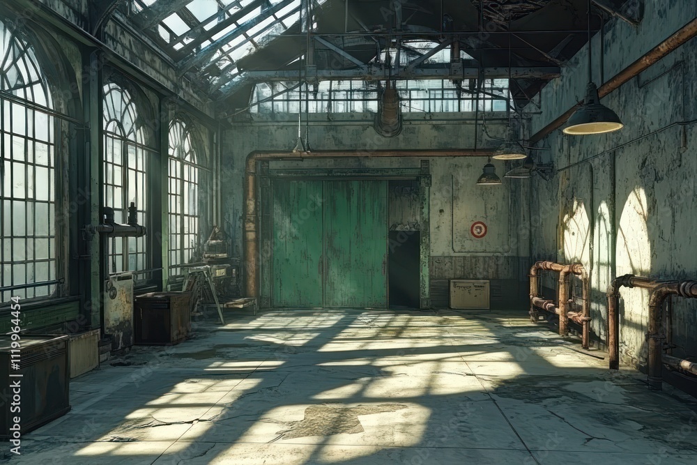An industrial interior with large windows, showcasing sunlight and a worn, rustic atmosphere. An industrial interior with large windows, showcasing sunlight and a worn, rustic atmosphere.