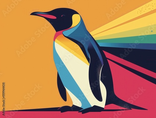 Colorful geometric penguin standing on orange background photo