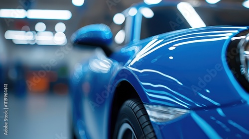 Detailed view of a blue car body with reflections in an industrial workshop setting