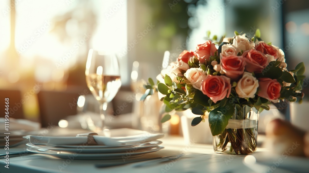 Obraz premium A table set for dining is illuminated by sunlight, showcasing a delicate arrangement of pink and white roses, cutlery, and glassware, ideal for serene occasions.