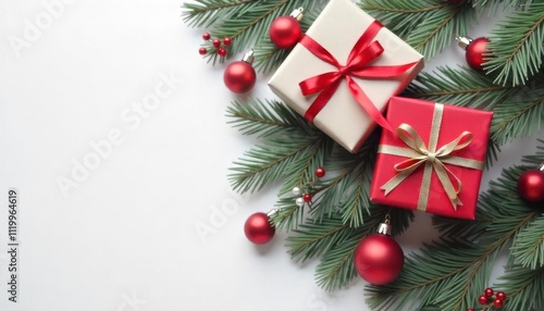 A festive Christmas card with baubles, gifts, and ornaments on a backdrop, Christmas celebration