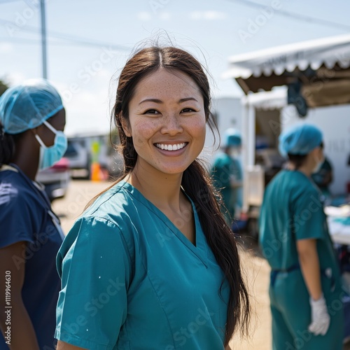 Portrait of smiling asian female doctor providing healthcare in underserved community