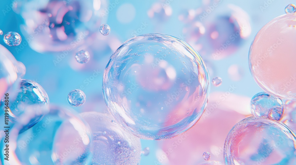 Soft Pink and Transparent Soap Bubbles on Blue Background: Dreamy and Playful Design.