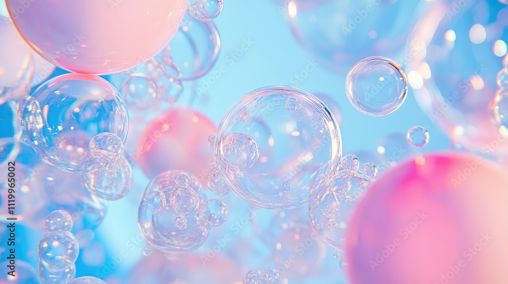 Soft Pink and Transparent Soap Bubbles on Blue Background: Dreamy and Playful Design. Soft Pink and Transparent Soap Bubbles on Blue Background: Dreamy and Playful Design.