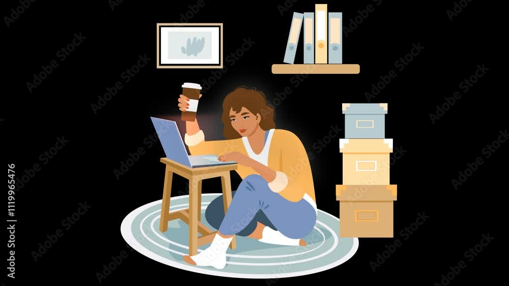 A young woman sits cross-legged on a rug, working on her laptop at home while holding a coffee on alpha channel. A young woman sits cross-legged on a rug, working on her laptop at home while holding a coffee on alpha channel.
