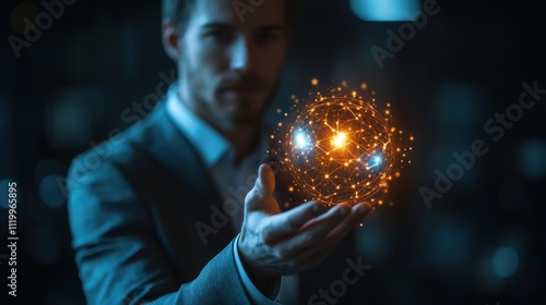 A man is holding a glowing sphere in his hand. Generative AI
