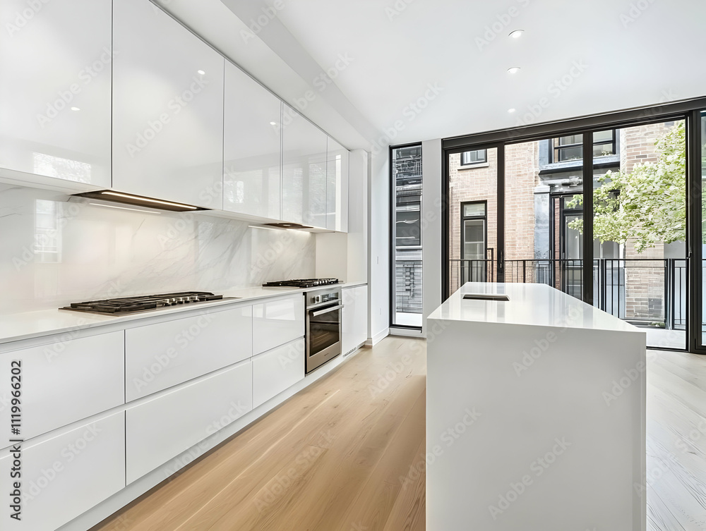 Modern kitchen featuring sleek cabinetry and large windows for natural light. Modern kitchen featuring sleek cabinetry and large windows for natural light.