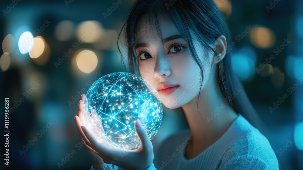 Naklejka premium A woman is holding a glowing ball in her hand. Generative AI