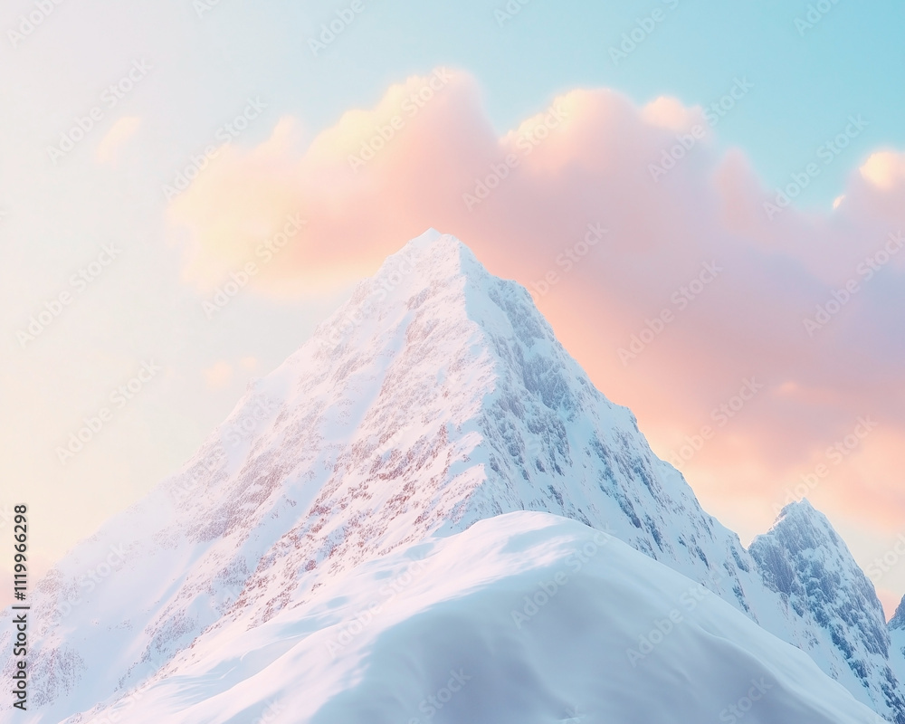 Snowy mountain peak with a pink coloured cloud right above at sunrise.