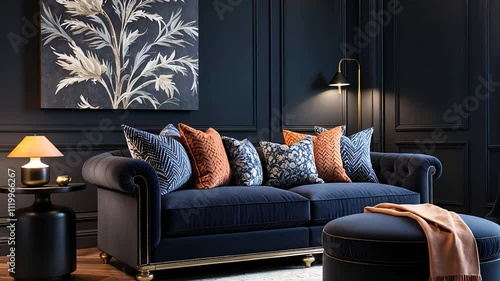 Elegant Living Room with Dark Wall Paneling, Stylish Navy Sofa, Accent Pillows, and Cozy Lighting

 photo