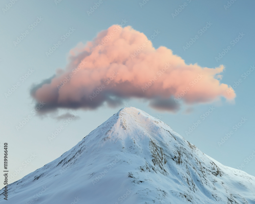 Snowy mountain peak with a pink coloured cloud right above at sunrise.