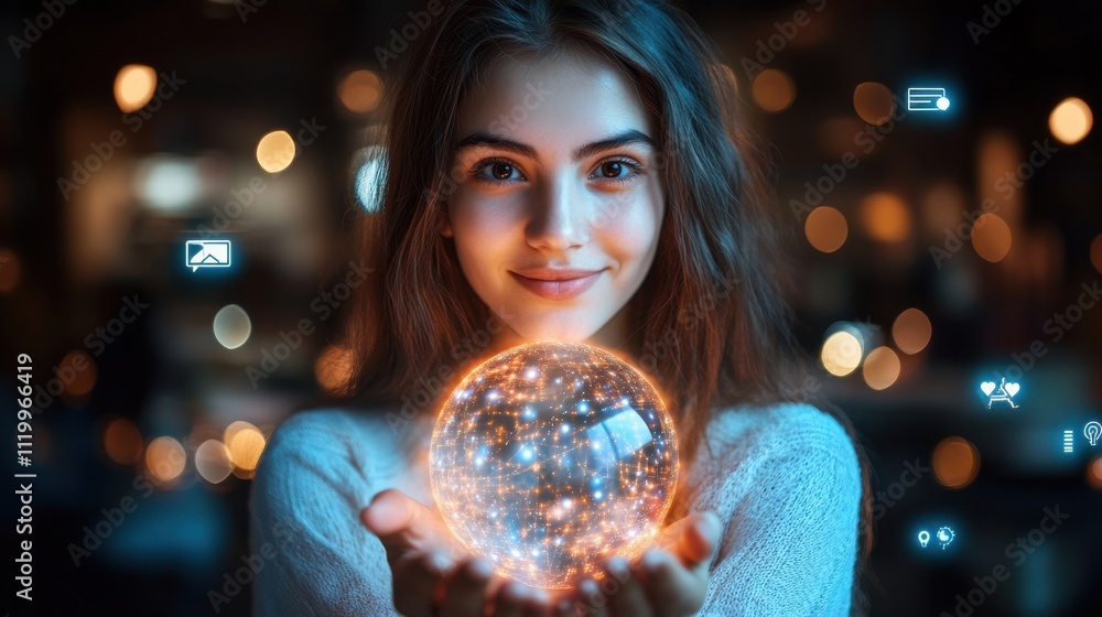 Naklejka premium A woman is holding a glowing orb in her hand. Generative AI