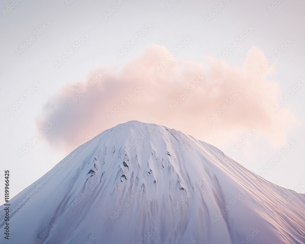 Snowy mountain summit with a cloud right above at sunrise.