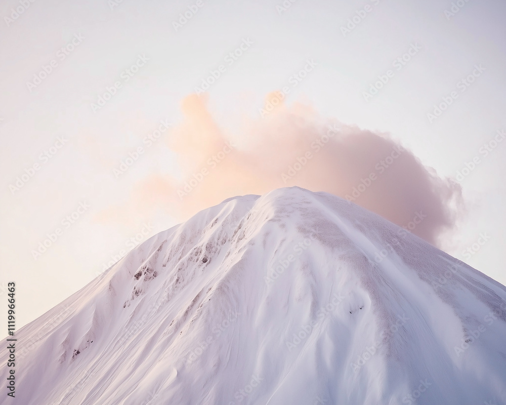 Snowy mountain summit with a cloud right above at sunrise.