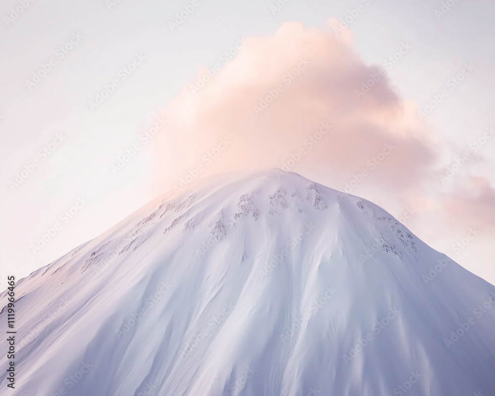 Snowy mountain summit with a cloud right above at sunrise.