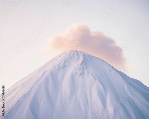 Snowy mountain summit with a cloud right above at sunrise.