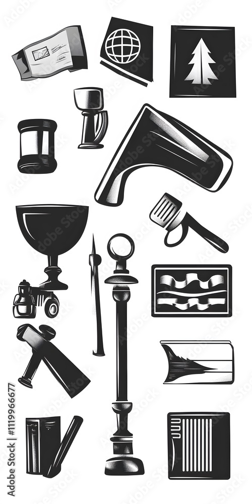 Obraz premium Set of Icons, Shapes, Objects, Black and White, Lawyer and Law Firm, on White Background, Abstract Image, Texture, Pattern Background, Wallpaper, Cover and Screen of Smartphone, PC, Laptop, 9:16 and 1