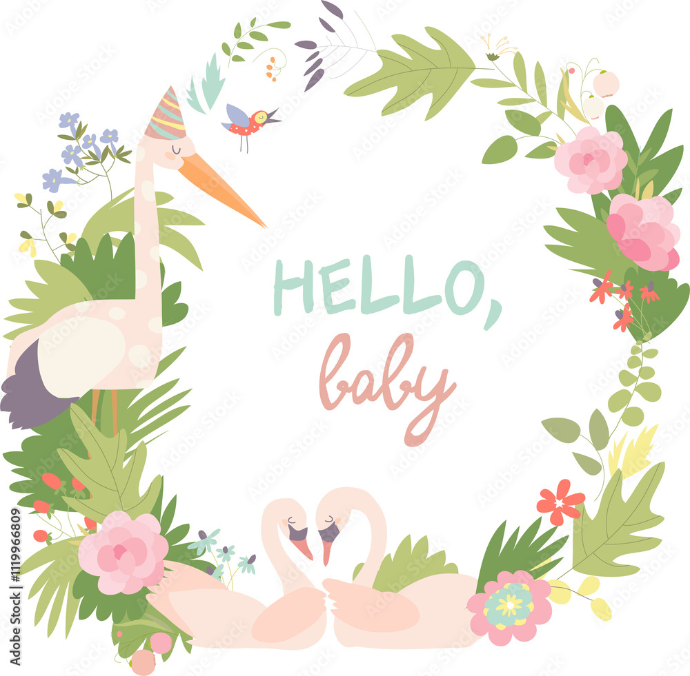 Infantile Style Baby Shower Vector Illustration. Floral Wreath with swans and stork Infantile Style Baby Shower Vector Illustration. Floral Wreath with swans and stork