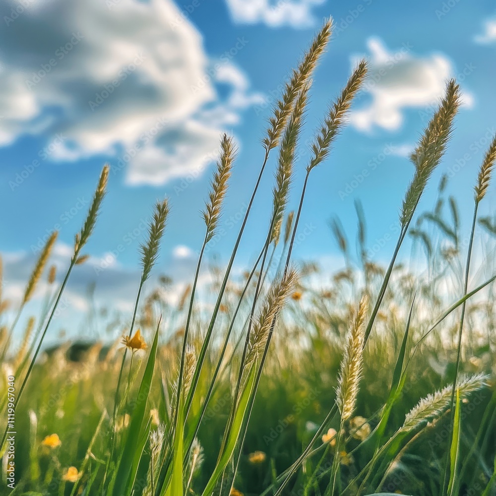 Obraz premium Spring or summer season abstract nature background with grass and blue sky in the back 