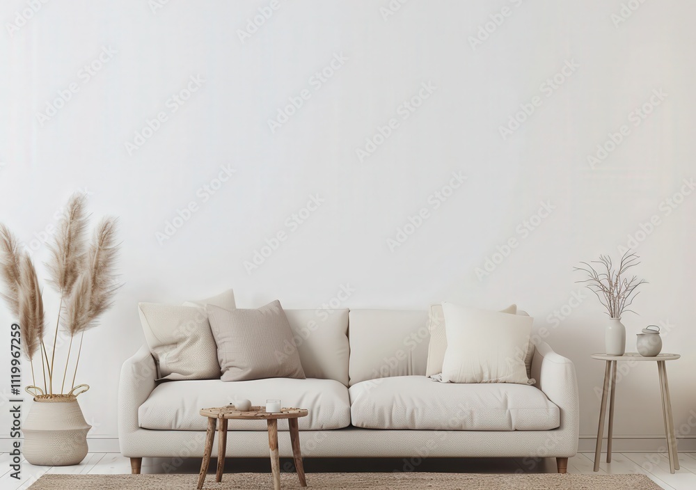 Naklejka premium Minimalist living room interior with a white sofa. a wooden coffee table. and pampas grass in a vase