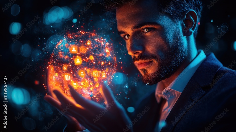 A man is holding a glowing orb that is surrounded by a network of icons. Generative AI