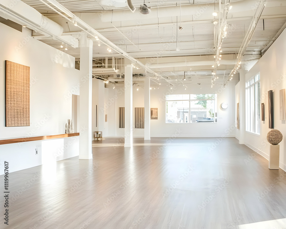 A spacious art gallery featuring minimalist artworks and natural lighting. A spacious art gallery featuring minimalist artworks and natural lighting.
