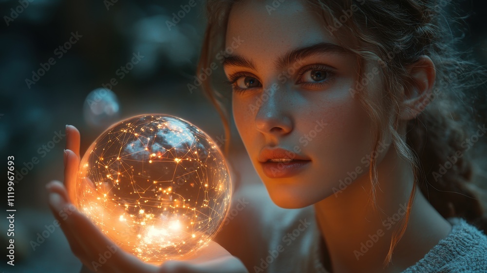 Naklejka premium A woman is holding a glowing orb in her hand. Generative AI