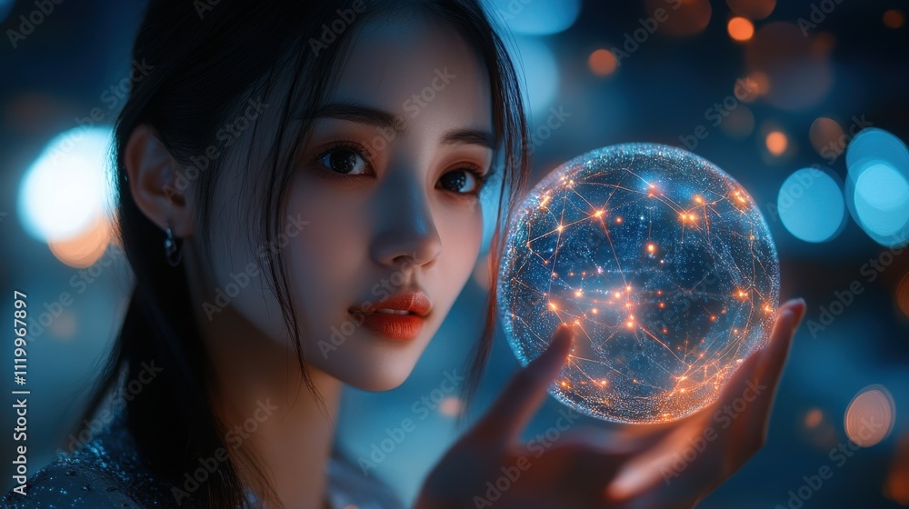 Naklejka premium A woman is holding a glowing orb in her hand. Generative AI
