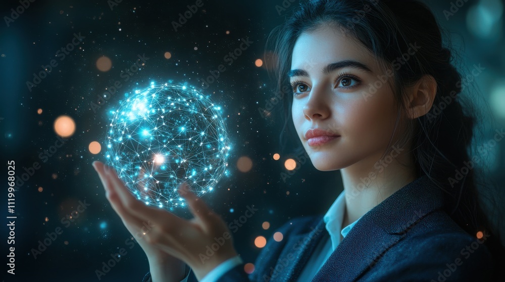 A woman is holding a glowing sphere in her hand. Generative AI A woman is holding a glowing sphere in her hand. Generative AI