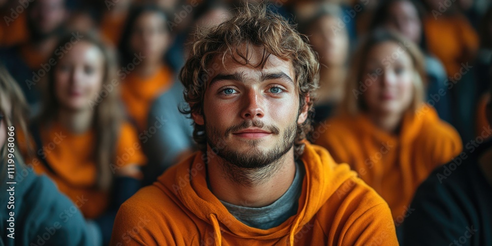 Fototapeta premium Young caucasian male in orange hoodie among a crowd at an event