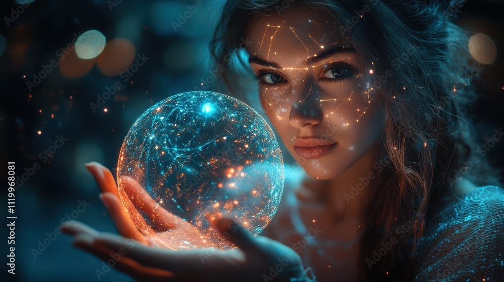 Naklejka premium A woman is holding a glowing orb in her hand. Generative AI