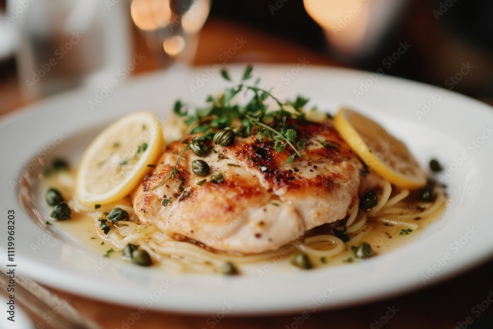 Delicious lemon herb chicken served with capers and pasta. Delicious lemon herb chicken served with capers and pasta.