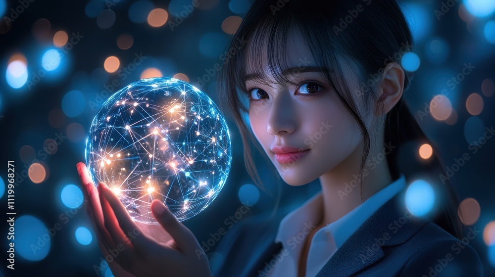 Naklejka premium A woman is holding a glowing sphere in her hand. Generative AI