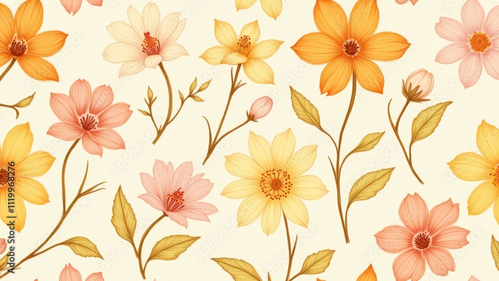 custom made wallpaper toronto digitalSeamless Pattern of Pastel and Orange Flowers, Elegant Floral Design, Botanical Illustration