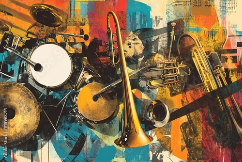dynamic collage of brass instruments drums and bold patterns representing ska music