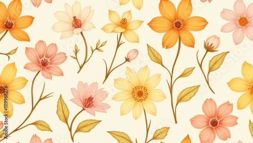 Wallpaper Mural Seamless Pattern of Pastel and Orange Flowers, Elegant Floral Design, Botanical Illustration Torontodigital.ca