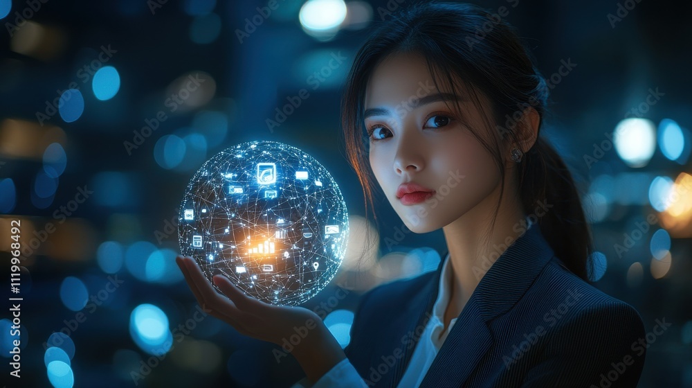 Naklejka premium A woman is holding a glowing ball with many icons on it. Generative AI